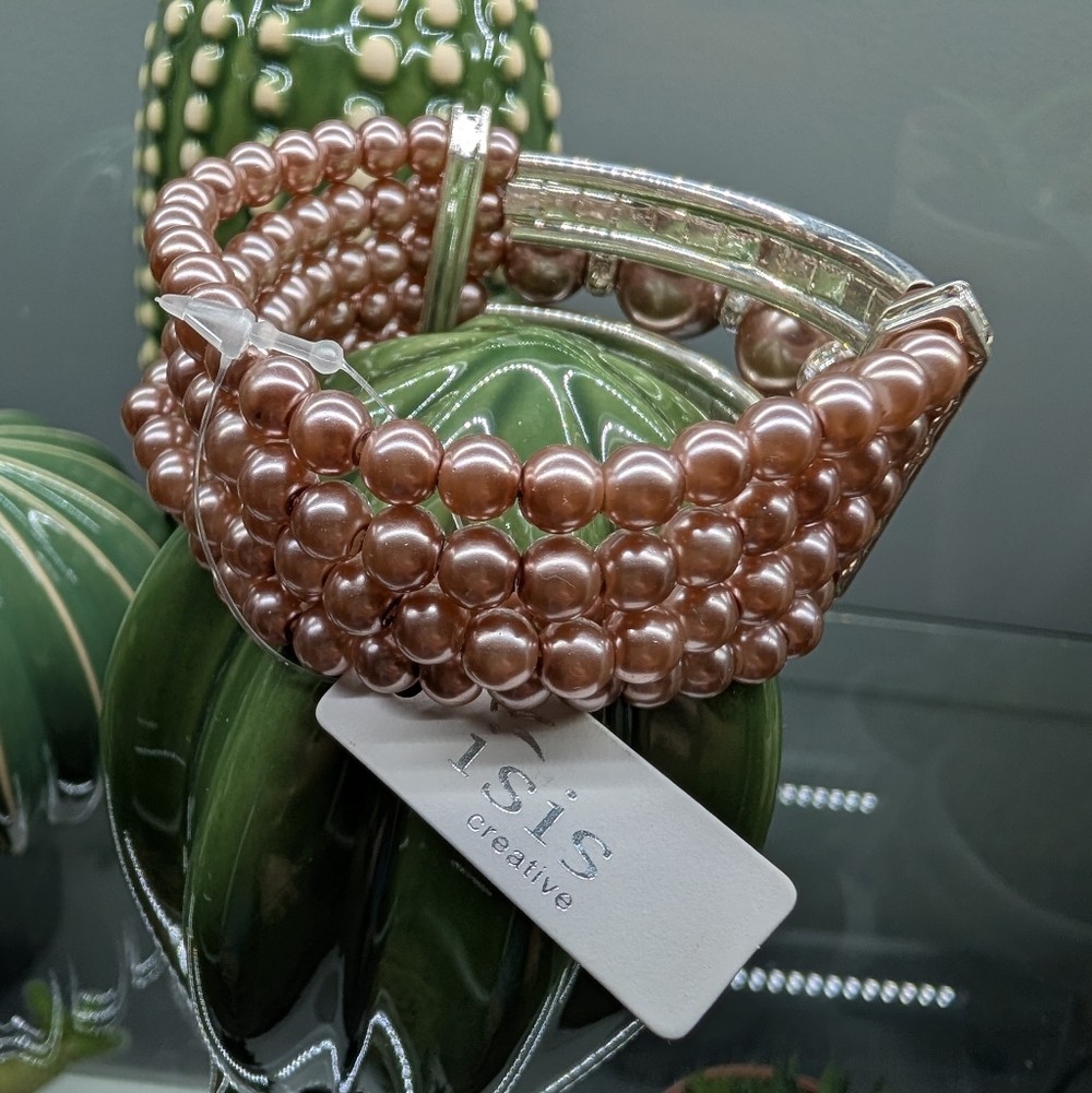 Elegant Brown Pearl & Crystal Stretch Bracelet - Picture 4 of 5